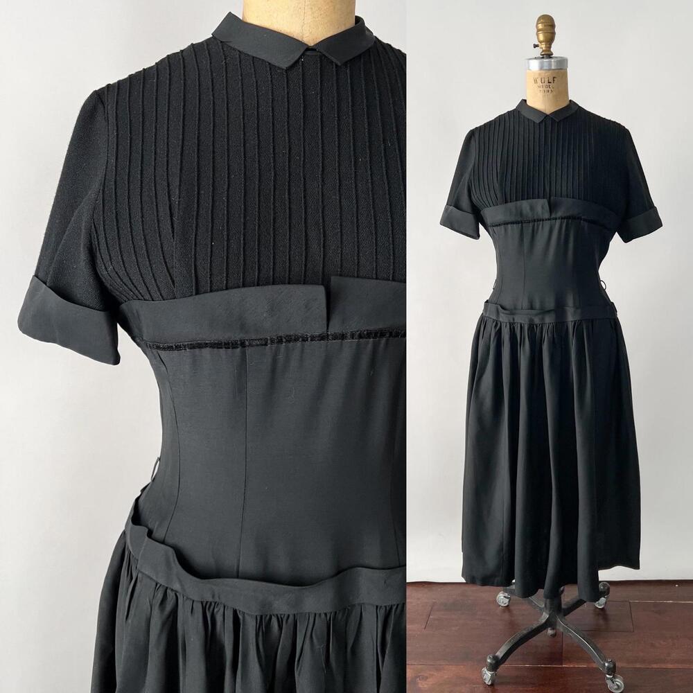 Vintage 1950s Black Wool Taffeta Cocktail Holiday Party Drop Waist Dress S M W29